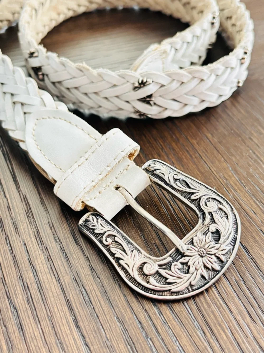Boho Western Braided Leather Belt White Silver Buckle Anthropologie Style